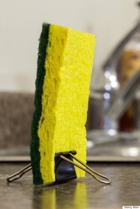 Use binder clips to keep kitchen sponge upright so dry it slime free